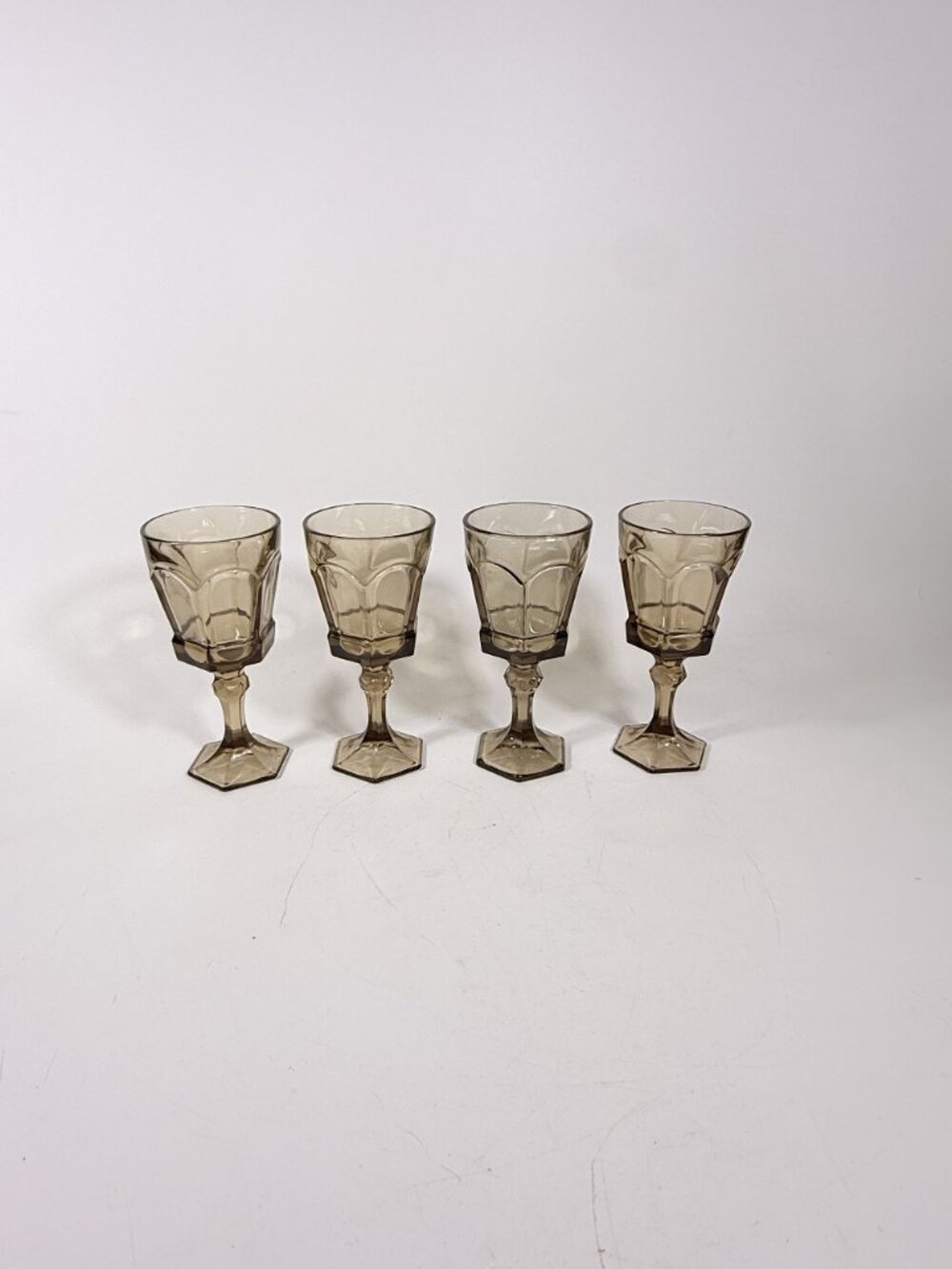 Water Goblets Stemmed Paneled Fostoria Virginia Smoky Brown Set 4 Mid Century Vi - Picture 2 of 14